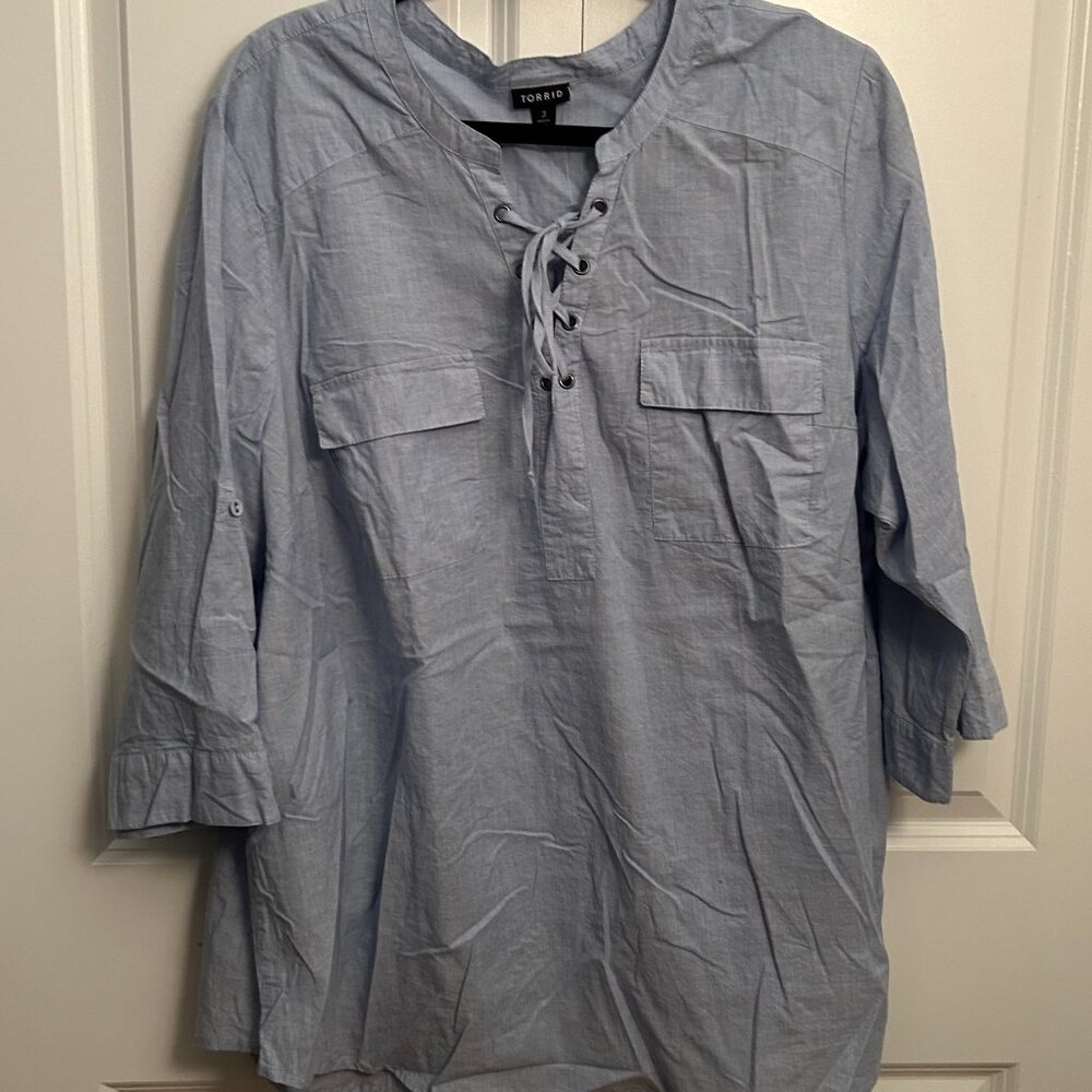 Torrid Cotton Chambray Lace Up Blouse